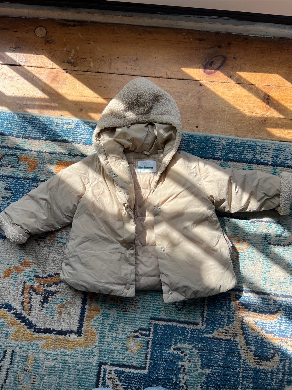 Kids Cozy Hooded Puffer Jacket in Beige